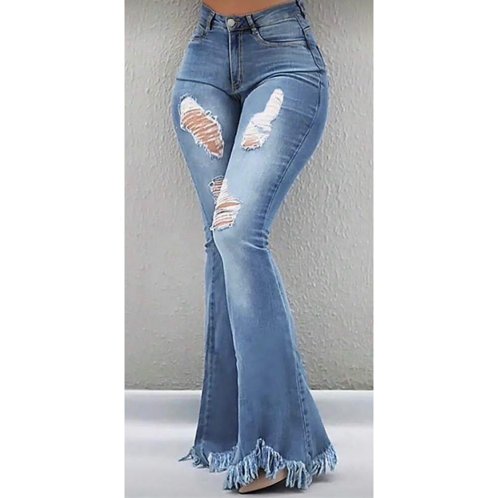 SHEIN Distressed Flared Fringe Hem Jeans